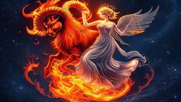 "Create a high definition image of a cosmic scene where the fiery ram of Aries and the graceful scales of Libra balance in a celestial dance. Aries is depicted as a bold, red ram surrounded by flames, exuding energy and passion, while Libra is illustrated as an ethereal figure with delicate, airy wings, holding glowing scales that represent balance. The backdrop is a starry night sky with swirling galaxies, capturing the magnetic pull between these two zodiac signs as they orbit each other with vibrant energy and harmony."