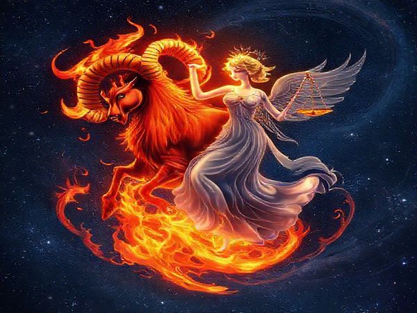 "Create a high definition image of a cosmic scene where the fiery ram of Aries and the graceful scales of Libra balance in a celestial dance. Aries is depicted as a bold, red ram surrounded by flames, exuding energy and passion, while Libra is illustrated as an ethereal figure with delicate, airy wings, holding glowing scales that represent balance. The backdrop is a starry night sky with swirling galaxies, capturing the magnetic pull between these two zodiac signs as they orbit each other with vibrant energy and harmony."