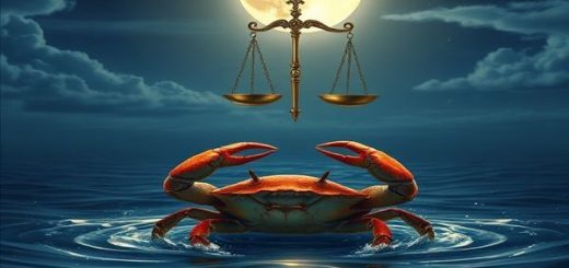 Create a high definition image of a serene night scene where the Cancer crab and Libra scales elegantly dance together under a luminous, full moon. The crab is surrounded by gentle waves that reflect the moonlight, embodying emotion and depth, while the scales float gracefully above, adorned with twinkling stars and a soft glow of Venus. The background features a harmonious blend of water and air, with wispy clouds and a starlit sky, symbolizing the intricate relationship between the two zodiac signs.