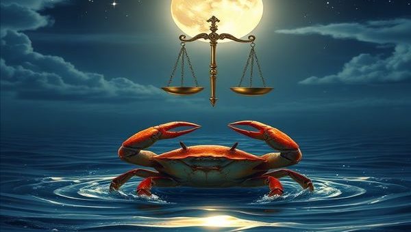 Create a high definition image of a serene night scene where the Cancer crab and Libra scales elegantly dance together under a luminous, full moon. The crab is surrounded by gentle waves that reflect the moonlight, embodying emotion and depth, while the scales float gracefully above, adorned with twinkling stars and a soft glow of Venus. The background features a harmonious blend of water and air, with wispy clouds and a starlit sky, symbolizing the intricate relationship between the two zodiac signs.