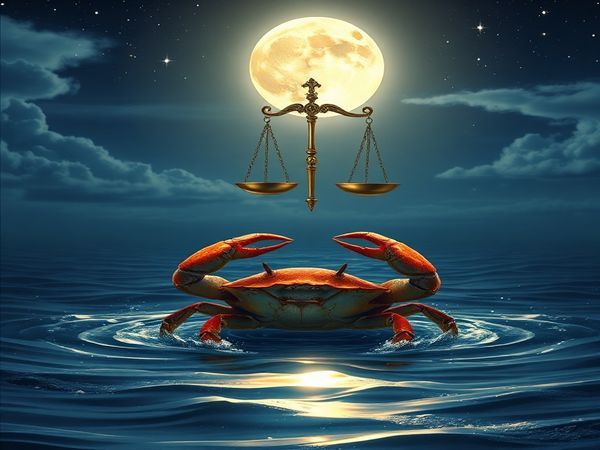 Create a high definition image of a serene night scene where the Cancer crab and Libra scales elegantly dance together under a luminous, full moon. The crab is surrounded by gentle waves that reflect the moonlight, embodying emotion and depth, while the scales float gracefully above, adorned with twinkling stars and a soft glow of Venus. The background features a harmonious blend of water and air, with wispy clouds and a starlit sky, symbolizing the intricate relationship between the two zodiac signs.