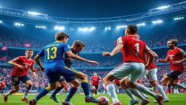 A vivid, high-definition image capturing the intense clash between Kosovo and Switzerland in a World Cup qualifier. The scene is set in a dramatic stadium filled with passionate fans, showcasing Kosovo's young players in vibrant jerseys, embodying raw determination and tenacity. Opposite them, Switzerland's disciplined team, clad in their iconic red and white kits, exudes precision and tactical superiority. The focus is on a pivotal moment in the match, with a dramatic tackle or a fierce counter-attack, highlighting the contrasting styles of grit versus strategy. The atmosphere crackles with anticipation, as flags wave and the crowd roars in the background.