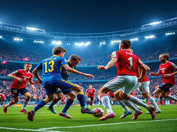 A vivid, high-definition image capturing the intense clash between Kosovo and Switzerland in a World Cup qualifier. The scene is set in a dramatic stadium filled with passionate fans, showcasing Kosovo's young players in vibrant jerseys, embodying raw determination and tenacity. Opposite them, Switzerland's disciplined team, clad in their iconic red and white kits, exudes precision and tactical superiority. The focus is on a pivotal moment in the match, with a dramatic tackle or a fierce counter-attack, highlighting the contrasting styles of grit versus strategy. The atmosphere crackles with anticipation, as flags wave and the crowd roars in the background.