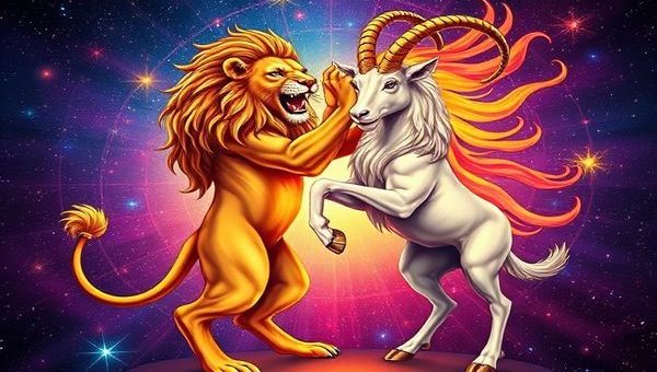 Create a high definition image depicting the cosmic dance between a regal lion symbolizing Leo and a mountain goat representing Capricorn against a vibrant starry backdrop. The lion, radiant and majestic, roars with fiery energy, while the goat stands firm and determined, embodying stability. The scene captures the harmonious fusion of earth and fire, showcasing the contrasting yet complementary energies of both zodiac signs. Include swirling constellations and celestial motifs to enhance the ethereal atmosphere of their union.