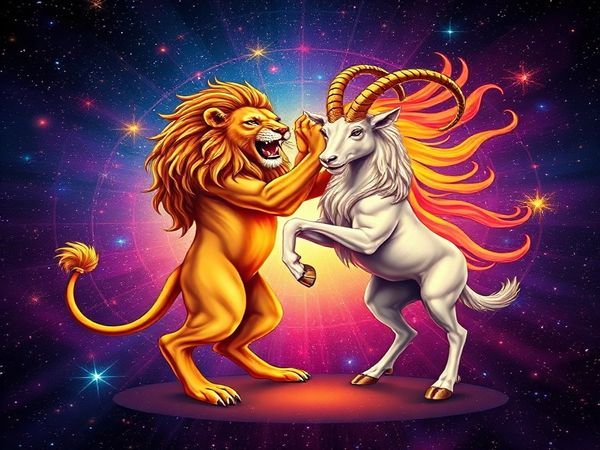 Create a high definition image depicting the cosmic dance between a regal lion symbolizing Leo and a mountain goat representing Capricorn against a vibrant starry backdrop. The lion, radiant and majestic, roars with fiery energy, while the goat stands firm and determined, embodying stability. The scene captures the harmonious fusion of earth and fire, showcasing the contrasting yet complementary energies of both zodiac signs. Include swirling constellations and celestial motifs to enhance the ethereal atmosphere of their union.