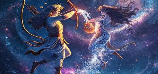 A breathtaking cosmic scene featuring Sagittarius, the fiery archer, and Aquarius, the innovative water-bearer, engaged in a celestial dance among the stars. Sagittarius draws back their bow, shooting vibrant arrows of light into the midnight sky, while Aquarius pours shimmering waters of wisdom from an ornate vessel, creating a colorful stream of ideas. The backdrop is a tapestry of swirling galaxies and constellations, symbolizing their dynamic partnership, with hues of deep blues, purples, and bursts of gold illuminating their union. Capture this mystical moment in high definition.