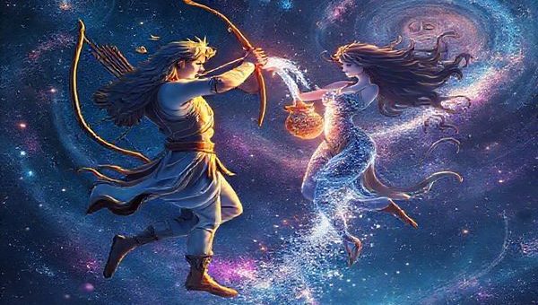 A breathtaking cosmic scene featuring Sagittarius, the fiery archer, and Aquarius, the innovative water-bearer, engaged in a celestial dance among the stars. Sagittarius draws back their bow, shooting vibrant arrows of light into the midnight sky, while Aquarius pours shimmering waters of wisdom from an ornate vessel, creating a colorful stream of ideas. The backdrop is a tapestry of swirling galaxies and constellations, symbolizing their dynamic partnership, with hues of deep blues, purples, and bursts of gold illuminating their union. Capture this mystical moment in high definition.