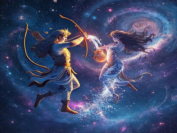 A breathtaking cosmic scene featuring Sagittarius, the fiery archer, and Aquarius, the innovative water-bearer, engaged in a celestial dance among the stars. Sagittarius draws back their bow, shooting vibrant arrows of light into the midnight sky, while Aquarius pours shimmering waters of wisdom from an ornate vessel, creating a colorful stream of ideas. The backdrop is a tapestry of swirling galaxies and constellations, symbolizing their dynamic partnership, with hues of deep blues, purples, and bursts of gold illuminating their union. Capture this mystical moment in high definition.