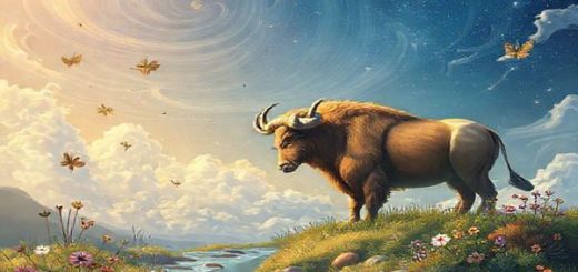 "Create a high definition image of a mystical landscape that embodies the harmonious relationship between Gemini and Taurus. In the foreground, illustrate the airy, vibrant spirit of Gemini with swirling clouds and fluttering butterflies, representing thoughts and communication. In contrast, depict the grounding essence of Taurus with a lush, fertile garden featuring a strong, majestic bull and serene, nurturing elements like earthy tones, flowing water, and blossoming flowers. Blend these elements to show the fusion of air and earth, capturing the balance of excitement and stability in their relationship under a starry sky."