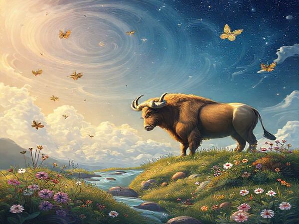 "Create a high definition image of a mystical landscape that embodies the harmonious relationship between Gemini and Taurus. In the foreground, illustrate the airy, vibrant spirit of Gemini with swirling clouds and fluttering butterflies, representing thoughts and communication. In contrast, depict the grounding essence of Taurus with a lush, fertile garden featuring a strong, majestic bull and serene, nurturing elements like earthy tones, flowing water, and blossoming flowers. Blend these elements to show the fusion of air and earth, capturing the balance of excitement and stability in their relationship under a starry sky."