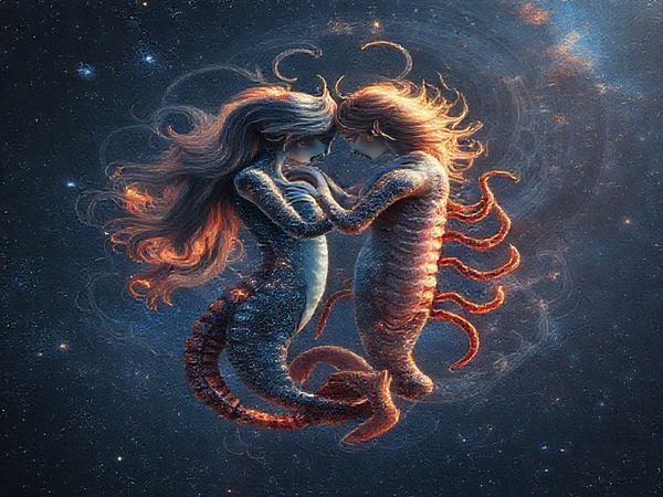 Create a high-definition image of two Scorpio figures, intertwined in a cosmic dance under a starlit sky. They are depicted as ethereal beings with deep, ocean-like hues and glimmering scales, embodying the intensity and mystery of their astrological sign. Surround them with swirling galaxies and emotional symbols, like locks and keys, that represent deep connections and shared intimacy. Let their eyes reflect the cosmos, signifying their roles as mirrors of each other's souls in a captivating interplay of light and shadow.