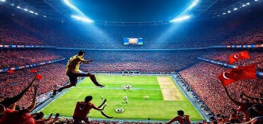 "An epic football scene depicting the fierce clash between Spain and Türkiye in a vibrant stadium under bright lights. Capture Spain's dominant, elegant players showcasing their tiki-taka style through precise passing and movement, contrasted with Türkiye's passionate, dynamic players executing swift counter-attacks. The atmosphere should be electric, highlighting the intensity and rivalry of this World Cup qualifier. Include the packed stands with passionate fans waving flags, all rendered in high definition."