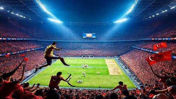 "An epic football scene depicting the fierce clash between Spain and Türkiye in a vibrant stadium under bright lights. Capture Spain's dominant, elegant players showcasing their tiki-taka style through precise passing and movement, contrasted with Türkiye's passionate, dynamic players executing swift counter-attacks. The atmosphere should be electric, highlighting the intensity and rivalry of this World Cup qualifier. Include the packed stands with passionate fans waving flags, all rendered in high definition."