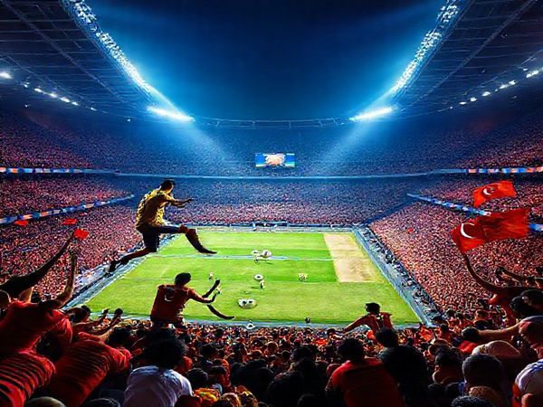 "An epic football scene depicting the fierce clash between Spain and Türkiye in a vibrant stadium under bright lights. Capture Spain's dominant, elegant players showcasing their tiki-taka style through precise passing and movement, contrasted with Türkiye's passionate, dynamic players executing swift counter-attacks. The atmosphere should be electric, highlighting the intensity and rivalry of this World Cup qualifier. Include the packed stands with passionate fans waving flags, all rendered in high definition."