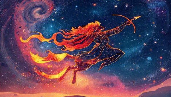 **Image Prompt:** Create a high-definition illustration of a vibrant celestial scene where the fiery constellations of Aries and Sagittarius intertwine in a dazzling dance across a starlit sky. Aries is depicted as a bold warrior figure, flames emanating from their stance, while Sagittarius is envisioned as a free-spirited traveler, galloping through a cosmic landscape with vivid shooting stars and planetary bodies. The background should be filled with swirling galaxies and twinkling stars, capturing the essence of adventure, passion, and the dynamic energy between these two powerful zodiac signs.