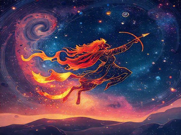 **Image Prompt:** Create a high-definition illustration of a vibrant celestial scene where the fiery constellations of Aries and Sagittarius intertwine in a dazzling dance across a starlit sky. Aries is depicted as a bold warrior figure, flames emanating from their stance, while Sagittarius is envisioned as a free-spirited traveler, galloping through a cosmic landscape with vivid shooting stars and planetary bodies. The background should be filled with swirling galaxies and twinkling stars, capturing the essence of adventure, passion, and the dynamic energy between these two powerful zodiac signs.