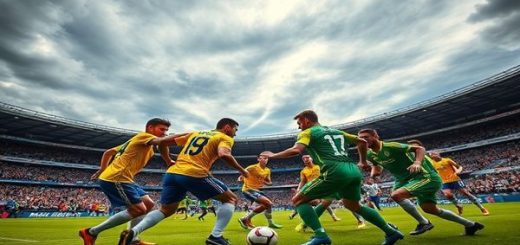 A dramatic clash on a vibrant football pitch: Sweden's disciplined players in their classic blue and yellow jerseys, showcasing their tactical rigidity, face off against Slovenia's spirited team in its striking green and white kits, bursting with youthful energy. The intensity of the match is palpable, with a packed stadium roaring in anticipation. Above, the sky is a swirl of dramatic clouds, capturing the tension of the World Cup qualifiers. Include dynamic action, such as a midfield battle with players vying for control of the ball. Create this image in high definition.