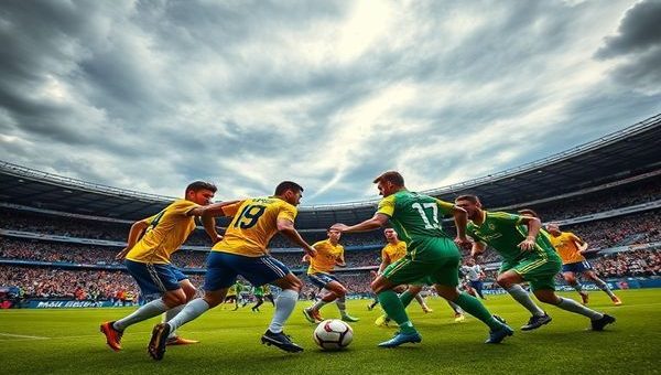 A dramatic clash on a vibrant football pitch: Sweden's disciplined players in their classic blue and yellow jerseys, showcasing their tactical rigidity, face off against Slovenia's spirited team in its striking green and white kits, bursting with youthful energy. The intensity of the match is palpable, with a packed stadium roaring in anticipation. Above, the sky is a swirl of dramatic clouds, capturing the tension of the World Cup qualifiers. Include dynamic action, such as a midfield battle with players vying for control of the ball. Create this image in high definition.