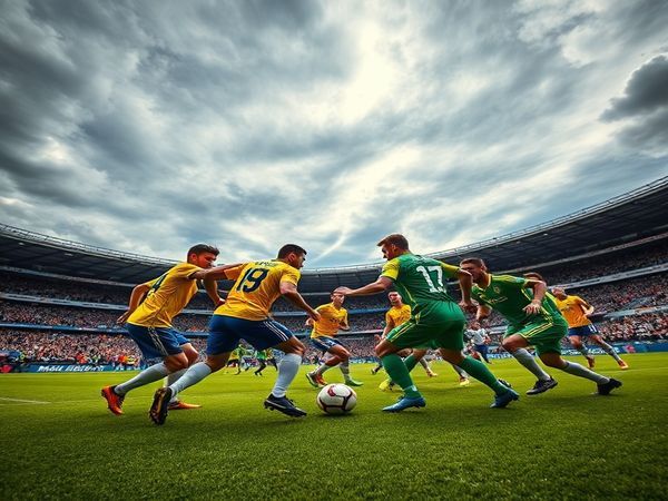 A dramatic clash on a vibrant football pitch: Sweden's disciplined players in their classic blue and yellow jerseys, showcasing their tactical rigidity, face off against Slovenia's spirited team in its striking green and white kits, bursting with youthful energy. The intensity of the match is palpable, with a packed stadium roaring in anticipation. Above, the sky is a swirl of dramatic clouds, capturing the tension of the World Cup qualifiers. Include dynamic action, such as a midfield battle with players vying for control of the ball. Create this image in high definition.