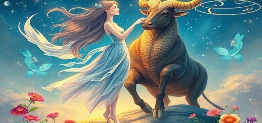 Create an enchanting celestial scene depicting the cosmic dance of Pisces and Taurus. Illustrate Pisces as an ethereal figure, flowing and dreamy, surrounded by shimmering water elements and sparkling stars, embodying creativity and compassion. Contrast this with the solid presence of Taurus, rooted on earth, showcasing stability and indulgence amidst lush greenery and vibrant flowers. Capture the harmony and connection between the two, symbolizing the blend of imagination and practicality. Ensure the image is in high definition, with rich colors and intricate details that bring this union of the zodiac to life.