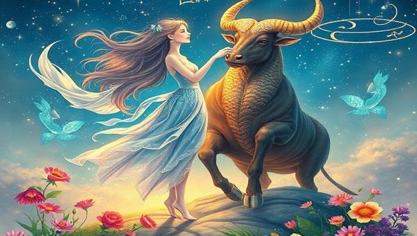 Create an enchanting celestial scene depicting the cosmic dance of Pisces and Taurus. Illustrate Pisces as an ethereal figure, flowing and dreamy, surrounded by shimmering water elements and sparkling stars, embodying creativity and compassion. Contrast this with the solid presence of Taurus, rooted on earth, showcasing stability and indulgence amidst lush greenery and vibrant flowers. Capture the harmony and connection between the two, symbolizing the blend of imagination and practicality. Ensure the image is in high definition, with rich colors and intricate details that bring this union of the zodiac to life.