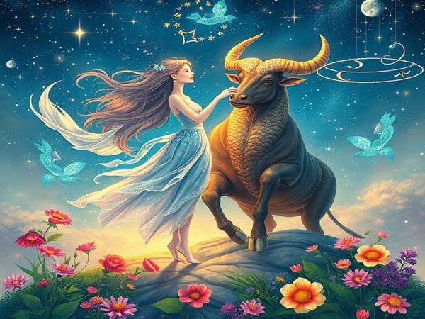 Create an enchanting celestial scene depicting the cosmic dance of Pisces and Taurus. Illustrate Pisces as an ethereal figure, flowing and dreamy, surrounded by shimmering water elements and sparkling stars, embodying creativity and compassion. Contrast this with the solid presence of Taurus, rooted on earth, showcasing stability and indulgence amidst lush greenery and vibrant flowers. Capture the harmony and connection between the two, symbolizing the blend of imagination and practicality. Ensure the image is in high definition, with rich colors and intricate details that bring this union of the zodiac to life.