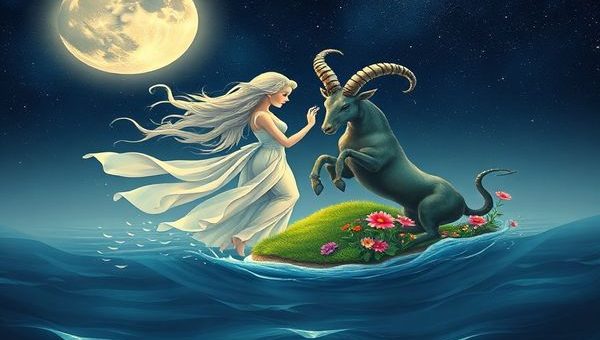 Create a high definition image of a celestial scene depicting the harmonious dance between Cancer and Taurus. Illustrate Cancer as a flowing, ethereal figure illuminated by the silvery glow of the Moon, gracefully moving over serene waters, while Taurus appears as a strong, earthy form surrounded by lush green landscapes and blooming flowers. Show their interaction as a gentle convergence of water and earth, with star constellations twinkling in the night sky above. Capture the essence of their mutual respect and emotional depth, weaving a tapestry of light, color, and natural beauty.