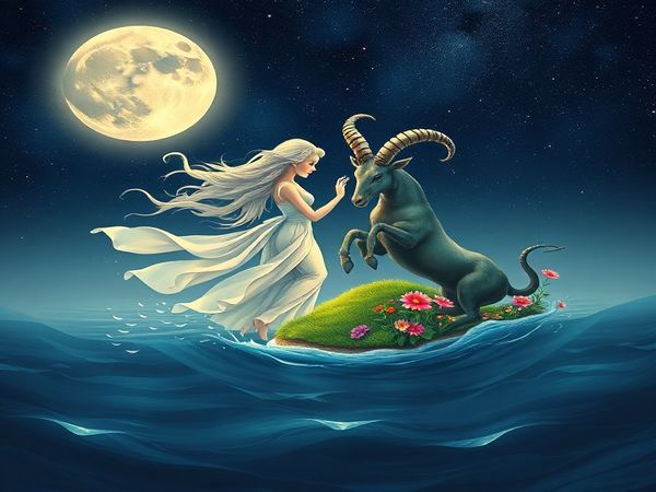 Create a high definition image of a celestial scene depicting the harmonious dance between Cancer and Taurus. Illustrate Cancer as a flowing, ethereal figure illuminated by the silvery glow of the Moon, gracefully moving over serene waters, while Taurus appears as a strong, earthy form surrounded by lush green landscapes and blooming flowers. Show their interaction as a gentle convergence of water and earth, with star constellations twinkling in the night sky above. Capture the essence of their mutual respect and emotional depth, weaving a tapestry of light, color, and natural beauty.