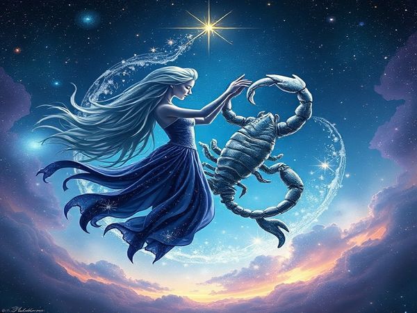 Create a high-definition image of a cosmic dance between the ethereal symbols of Aquarius and Scorpio. Illustrate Aquarius as a vibrant figure made of swirling winds and sparkling stars, embodying independence and innovation. Contrast this with Scorpio, represented as a deep, shadowy figure emerging from the ocean's depths, radiating emotional intensity and mystery. The background should be a celestial tapestry with intertwining air and water elements, symbolizing their complex connection, illuminated by the glow of distant galaxies and constellations.