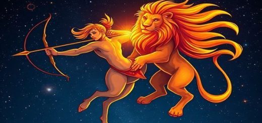 Create a high-definition illustration of the celestial dance between Sagittarius and Leo, set against a starry night sky. Sagittarius, depicted as a centaur with an adventurous spirit, aims an arrow towards the horizon, while Leo, the majestic lion, stands proudly by its side, bathed in golden sunlight. Their fiery energies intertwine, casting vibrant hues of orange and red across the cosmos. Include swirling constellations and a backdrop of luminous stars to emphasize their dynamic bond, evoking a sense of cosmic adventure and warmth.