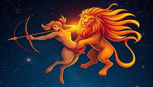 Create a high-definition illustration of the celestial dance between Sagittarius and Leo, set against a starry night sky. Sagittarius, depicted as a centaur with an adventurous spirit, aims an arrow towards the horizon, while Leo, the majestic lion, stands proudly by its side, bathed in golden sunlight. Their fiery energies intertwine, casting vibrant hues of orange and red across the cosmos. Include swirling constellations and a backdrop of luminous stars to emphasize their dynamic bond, evoking a sense of cosmic adventure and warmth.