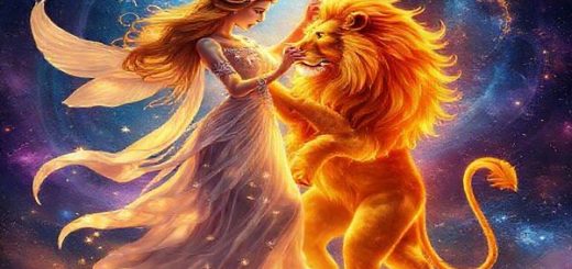 Create a high definition image of the cosmic dance between Libra and Leo, personified as a graceful air spirit and a majestic fire lion. The Libra spirit exudes harmony with flowing, ethereal robes adorned with stars and delicate scales, while Leo radiates warmth and boldness, glowing with fiery golden hues. They are surrounded by a vibrant celestial backdrop filled with swirling galaxies and twinkling constellations, symbolizing their dynamic partnership. The scene captures a moment of intimate connection, where Libra's elegance intertwines with Leo’s passionate energy, creating a mesmerizing display of balance and love.