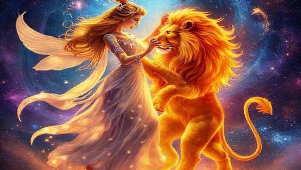 Create a high definition image of the cosmic dance between Libra and Leo, personified as a graceful air spirit and a majestic fire lion. The Libra spirit exudes harmony with flowing, ethereal robes adorned with stars and delicate scales, while Leo radiates warmth and boldness, glowing with fiery golden hues. They are surrounded by a vibrant celestial backdrop filled with swirling galaxies and twinkling constellations, symbolizing their dynamic partnership. The scene captures a moment of intimate connection, where Libra's elegance intertwines with Leo’s passionate energy, creating a mesmerizing display of balance and love.
