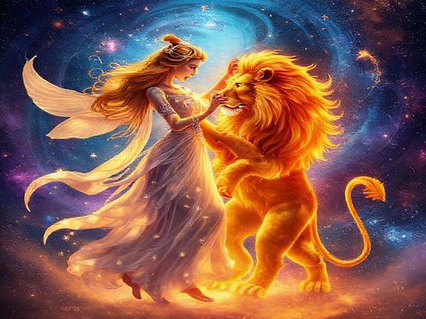 Create a high definition image of the cosmic dance between Libra and Leo, personified as a graceful air spirit and a majestic fire lion. The Libra spirit exudes harmony with flowing, ethereal robes adorned with stars and delicate scales, while Leo radiates warmth and boldness, glowing with fiery golden hues. They are surrounded by a vibrant celestial backdrop filled with swirling galaxies and twinkling constellations, symbolizing their dynamic partnership. The scene captures a moment of intimate connection, where Libra's elegance intertwines with Leo’s passionate energy, creating a mesmerizing display of balance and love.