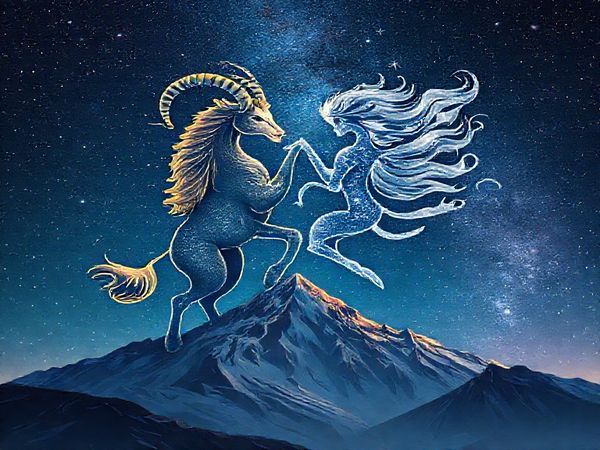 Create a high-definition image depicting the cosmic dance of Capricorn and Gemini. Illustrate Capricorn as a majestic mountain set against a starlit sky, embodying stability and strength, while Gemini appears as two playful, swirling figures made of airy clouds, twinkling like stars. The scene should capture their enchanting harmony, with celestial elements intertwining their energies, symbolizing the deep connection and contrasting natures of earth and air. The background should be filled with vibrant constellations and a radiant Milky Way, highlighting the beauty of their union in the cosmos.