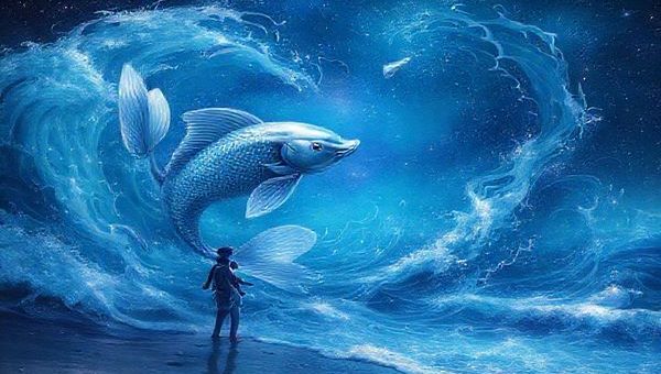 A cosmic sea where silver fish swim through swirling dreams, embodying the ethereal qualities of Pisces, surrounded by vibrant waves of emotion. On the shore, a grounded Virgo stands resilient, analyzing the stars above and tending to the earthly details. They are intertwined in a celestial dance, representing the harmony of water and earth—Pisces radiating creativity and compassion, while Virgo offers structure and clarity. The scene glows with mystical hues, as their contrasting natures harmonize under a starry night sky, creating a tapestry of love that transcends the ordinary. High definition.