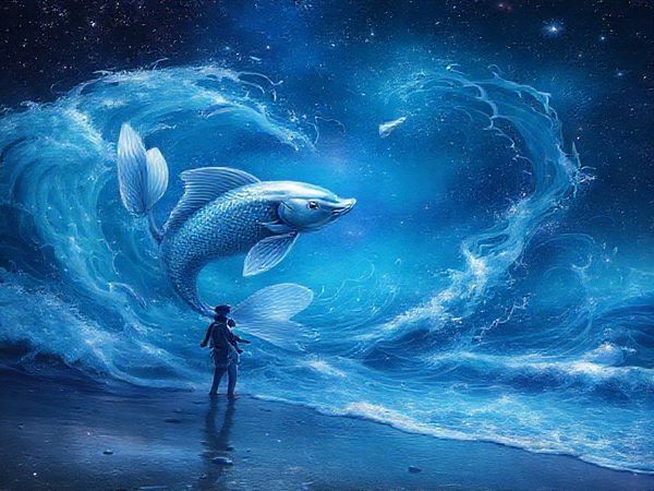 A cosmic sea where silver fish swim through swirling dreams, embodying the ethereal qualities of Pisces, surrounded by vibrant waves of emotion. On the shore, a grounded Virgo stands resilient, analyzing the stars above and tending to the earthly details. They are intertwined in a celestial dance, representing the harmony of water and earth—Pisces radiating creativity and compassion, while Virgo offers structure and clarity. The scene glows with mystical hues, as their contrasting natures harmonize under a starry night sky, creating a tapestry of love that transcends the ordinary. High definition.