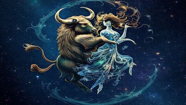 Create a high definition image of a cosmic dance symbolizing the union of Taurus and Aquarius. The scene should feature a majestic Bull, embodying earthiness and stability, intertwined with a vibrant Water Bearer, representing innovation and freedom. Include swirling celestial elements, like stars and galaxies, that illustrate their contrasting yet complementary energies. The background should be a stunning night sky filled with twinkling stars, conveying a sense of wonder and harmony. Let the colors blend from earthy greens and browns for Taurus to airy blues and purples for Aquarius, highlighting their unique characteristics.