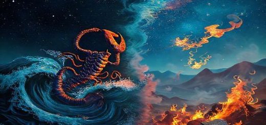 A vivid cosmic scene depicting the astrological dance between Scorpio and Sagittarius under a night sky. On one side, a deep, mysterious ocean with swirling dark waters representing Scorpio, filled with vibrant marine life and hidden depths. On the other side, a fiery, adventurous landscape with shooting stars and playful flames symbolizing Sagittarius, radiating warmth and excitement. The two sides intermingle, creating steam and mist that symbolizes their unique connection. In high definition.