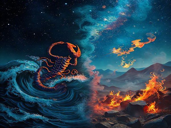 A vivid cosmic scene depicting the astrological dance between Scorpio and Sagittarius under a night sky. On one side, a deep, mysterious ocean with swirling dark waters representing Scorpio, filled with vibrant marine life and hidden depths. On the other side, a fiery, adventurous landscape with shooting stars and playful flames symbolizing Sagittarius, radiating warmth and excitement. The two sides intermingle, creating steam and mist that symbolizes their unique connection. In high definition.