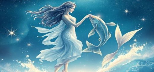 Create an enchanting high definition image depicting the ethereal dance of Libra and Pisces under a shimmering celestial sky. Illustrate Libra as a graceful figure surrounded by delicate scales, embodying harmony and beauty, while Pisces manifests as two flowing fish, swirling in dreamy water colors. The backdrop should be a cosmic waltz of air and water, blending soft breezes and fluid waves, symbolizing their unique connection and transcendent love. Incorporate starry elements and soft hues that evoke a sense of wonder and romance.