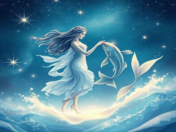 Create an enchanting high definition image depicting the ethereal dance of Libra and Pisces under a shimmering celestial sky. Illustrate Libra as a graceful figure surrounded by delicate scales, embodying harmony and beauty, while Pisces manifests as two flowing fish, swirling in dreamy water colors. The backdrop should be a cosmic waltz of air and water, blending soft breezes and fluid waves, symbolizing their unique connection and transcendent love. Incorporate starry elements and soft hues that evoke a sense of wonder and romance.