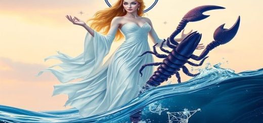 Create a high-definition image depicting the cosmic union of Libra and Scorpio, symbolizing their contrasting elements of air and water. Showcase Libra as an elegant figure adorned in flowing robes, embodying beauty and grace, with a backdrop of soft pastel skies. Contrast this with Scorpio, represented by a mysterious figure emerging from deep ocean depths, radiating intensity and allure. The two figures are gracefully intertwined, their energies spiraling together in a dance of harmony and depth, surrounded by celestial motifs like stars and constellations, symbolizing their profound connection and shared journey.