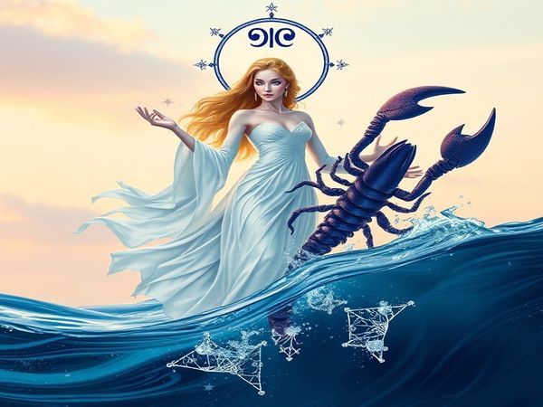 Create a high-definition image depicting the cosmic union of Libra and Scorpio, symbolizing their contrasting elements of air and water. Showcase Libra as an elegant figure adorned in flowing robes, embodying beauty and grace, with a backdrop of soft pastel skies. Contrast this with Scorpio, represented by a mysterious figure emerging from deep ocean depths, radiating intensity and allure. The two figures are gracefully intertwined, their energies spiraling together in a dance of harmony and depth, surrounded by celestial motifs like stars and constellations, symbolizing their profound connection and shared journey.