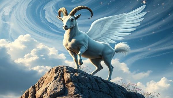 Create a high definition image depicting a celestial scene where a majestic Capricorn, the Mountain Goat, stands firmly on a rocky cliff, its gaze steadfast against a backdrop of swirling clouds. Beside it, a graceful Libra, represented by ethereal scales, floats lightly in the air, surrounded by shimmering stars and delicate flowers, symbolizing harmony and beauty. The merging of earthy tones and airy pastels illustrates their unique qualities and balanced alliance, as they engage in a celestial dance that embodies the essence of stability and fluidity. Capture the enchanting contrast between Capricorn’s grounded presence and Libra’s airy charm, accentuating the deeper connection between earth and air in the cosmos.