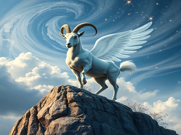 Create a high definition image depicting a celestial scene where a majestic Capricorn, the Mountain Goat, stands firmly on a rocky cliff, its gaze steadfast against a backdrop of swirling clouds. Beside it, a graceful Libra, represented by ethereal scales, floats lightly in the air, surrounded by shimmering stars and delicate flowers, symbolizing harmony and beauty. The merging of earthy tones and airy pastels illustrates their unique qualities and balanced alliance, as they engage in a celestial dance that embodies the essence of stability and fluidity. Capture the enchanting contrast between Capricorn’s grounded presence and Libra’s airy charm, accentuating the deeper connection between earth and air in the cosmos.