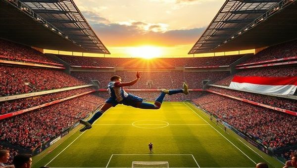 "Create a high definition image of a vibrant football stadium filled with passionate fans, split down the middle with one side adorned in the red of Wales and the other in the blue and white of Liechtenstein. Showcase a dramatic moment on the pitch, capturing a fierce tackle between players symbolizing determination and spirit. In the background, display the banners of both nations waving proudly, with a glowing sunset illuminating the scene, emphasizing the thrill of the World Cup qualifier."