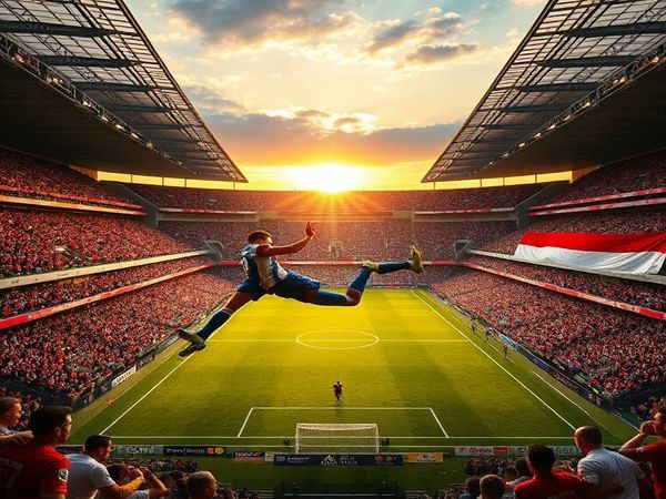 "Create a high definition image of a vibrant football stadium filled with passionate fans, split down the middle with one side adorned in the red of Wales and the other in the blue and white of Liechtenstein. Showcase a dramatic moment on the pitch, capturing a fierce tackle between players symbolizing determination and spirit. In the background, display the banners of both nations waving proudly, with a glowing sunset illuminating the scene, emphasizing the thrill of the World Cup qualifier."