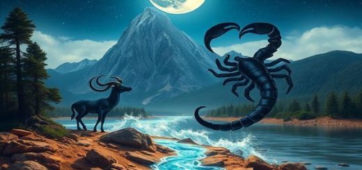 Create a high definition image depicting the celestial dance between Capricorn and Scorpio. Visualize Capricorn as a strong mountain silhouette, embodying ambition and stability, adorned with ancient trees rooted deep in the earth. Contrast this with the ethereal presence of Scorpio, represented by a shimmering river flowing beneath a moonlit sky, reflecting mystical depths and emotional intensity. Weave together elements of earth and water, showcasing a harmonious blend where their energies intertwine, creating a vivid tapestry of strength and transformation. The scene should evoke a sense of profound connection and enchanting synergy.