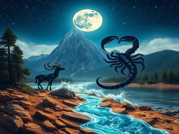 Create a high definition image depicting the celestial dance between Capricorn and Scorpio. Visualize Capricorn as a strong mountain silhouette, embodying ambition and stability, adorned with ancient trees rooted deep in the earth. Contrast this with the ethereal presence of Scorpio, represented by a shimmering river flowing beneath a moonlit sky, reflecting mystical depths and emotional intensity. Weave together elements of earth and water, showcasing a harmonious blend where their energies intertwine, creating a vivid tapestry of strength and transformation. The scene should evoke a sense of profound connection and enchanting synergy.